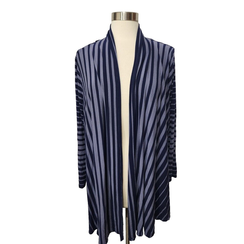 LANE BRYANT  1X Blue Stripe Open Front Cascade Knit Top Stretch LS Bust 50"